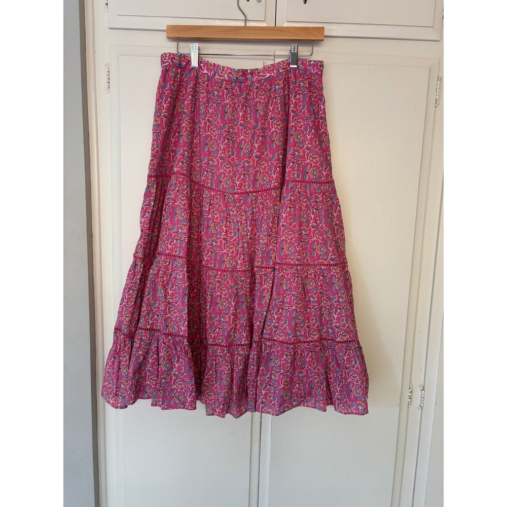 J.Crew Pink Floral Block Print Tiered Maxi Skirt Cotton Ladder Stitch Boho NEW